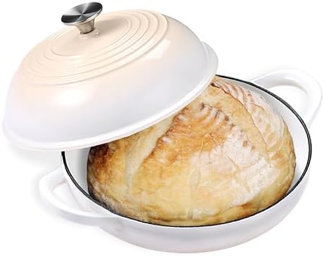 Enameled Round Cast Iron Bread Oven, 6 Qt Cast Iron Dutch Oven for Homemade Sourdough Bread Baking, Bread Pot with Dome Lid (White) by NSIRONS
