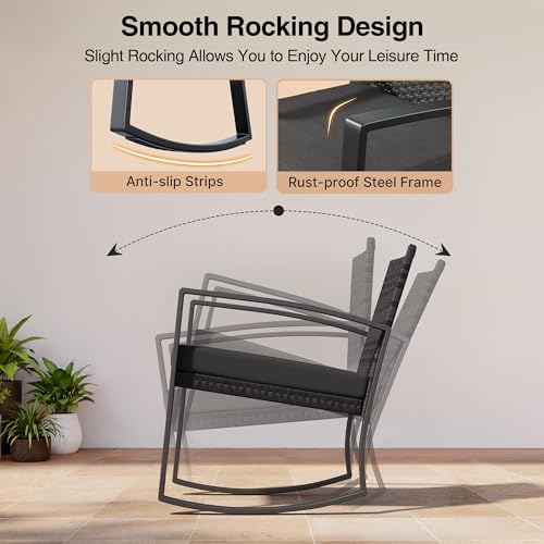 Qsun 3 Pieces Patio Furniture Set Rocking Bistro Set, Outdoor Patio Furniture Set with Coffee Table for Garden Balcony Backyard Poolside (Black Cushion) - Image 3