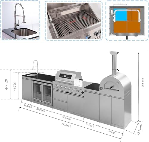 150" Outdoor Kitchen Island,108,000 BTU Propane BBQ Grill with Pizza Oven,Rotisserie,Double Door Refrigerator,Granite Countertop,Storage Cabinets & Drawers,Stainless Steel Build. - Image 2