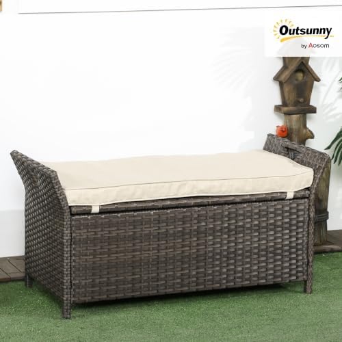 Outsunny 29 Gallon Patio Wicker Storage Bench Outdoor PE Rattan Cream White - Image 2