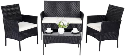 Patio Furniture Set 4 Pieces Conversation Sets Outdoor Wicker Rattan Chairs Garden Backyard Balcony Porch Poolside Loveseat with Soft Cushion and Tempered Glass Table(Black) by PAIQIAN