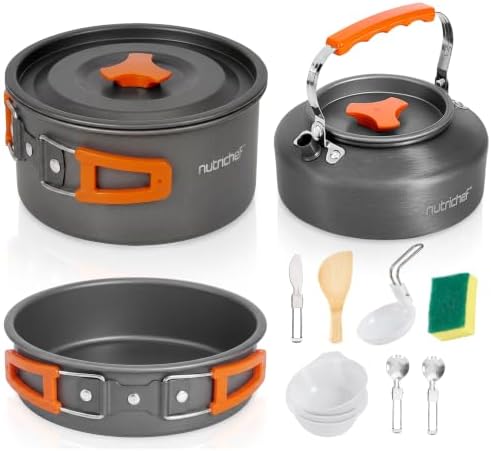 NutriChef Camping Cookware Set - Lightweight Nonstick Pots, Pans, Utensils, Bowls, Cutlery, and Cleaning Tools with Mesh Bag, Foldable Handles, Compact Outdoor Cooking Gear for Hiking & Travel (Grey) by NutriChef%E2%84%A2Kitchen