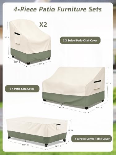 Rileytee Patio Furniture Set Covers ,4 Pcs 600D Heavy Duty 100% Waterproof Outdoor Furniture Cover,Fit Patio Loveseat, Chair and Coffee Table (White&Grayish Green,Small) - Image 2
