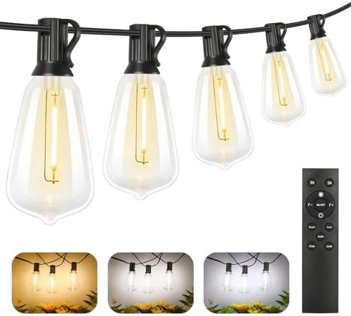 Brightever Dimmable Outdoor String Lights with Remote, 3 Colors in 1 LED Patio Light for Outside with 25+1 ST38 Edison Bulbs, 50FT 3 Modes Gazebo Lighting Waterproof for Camping, 2700K/4000K/5000K by Brightever