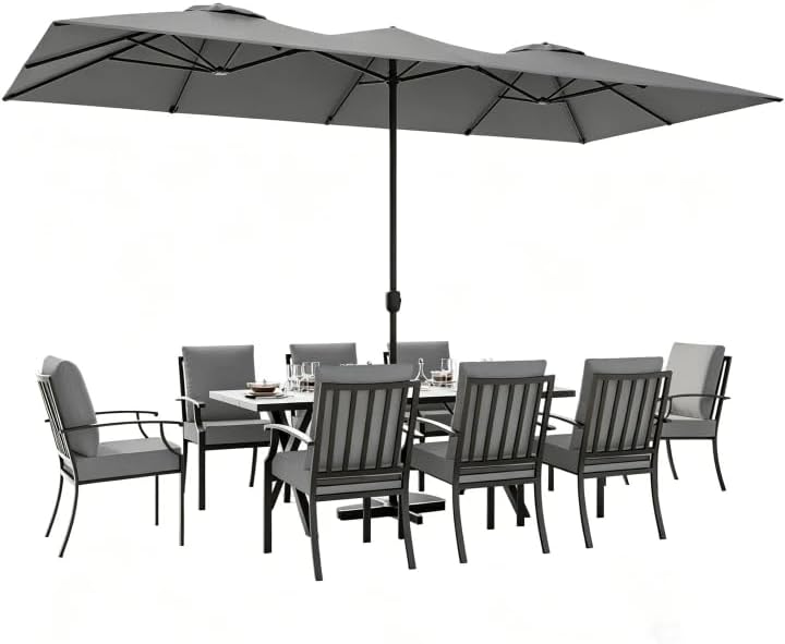 ALAULM 9-Piece Patio Dining Set with 14FT Patio Umbrella,Outdoor Dining Set with 8 Metal Chairs & Rectangle Table with1.5 Umbrella Hole, Patio Dining Table and Chairs for Backyard,Poolsid-Grey - Image 4