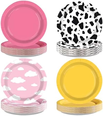 60Pcs Toy Paper Plates 7" Pink Yellow Cow Cloud Heavy Duty Paper Plates by Greencian