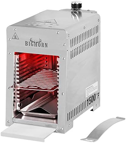 BIG HORN OUTDOORS 1500°F Infrared Propane Gas Grill – Portable Steak Broiler & Sear Station, Outdoor Salamander BBQ, Stainless Steel, 9 inch by BigHornOutdoors