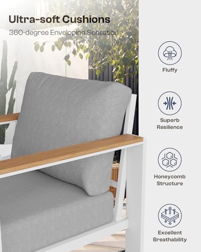 Aluminum Outdoor Sofa Bistro Set, 3 Piece Outdoor Patio Furniture Set with Washable Thick Cushion, Patio Sectional Furniture Set for Porch, Balcony, Deck, Yard, White - Image 6