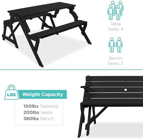 Best Choice Products 2-in-1 Transforming Interchangeable Outdoor Wooden Picnic Table Garden Bench for Backyard, Porch, Patio, Deck w/Umbrella Hole - Black - Image 6