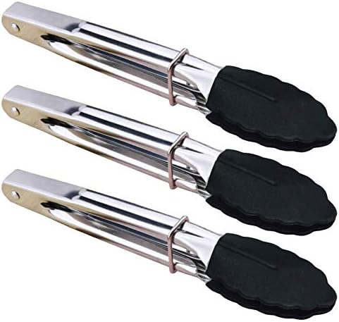 HINMAY Mini Tongs with Silicone Tips 7-Inch Kitchen Tongs, Set of 3 (Black) by HINMAY
