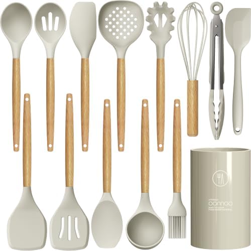 oannao Silicone Cooking Utensils Set - 446°F Heat Resistant Silicone Kitchen Utensils for Cooking,Kitchen Utensil Spatula Set w Wooden Handles, BPA FREE Gadgets for Non-Stick Cookware (Khaki) by oannao