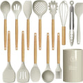 oannao Silicone Cooking Utensils Set - 446°F Heat Resistant Silicone Kitchen Utensils for Cooking,Kitchen Utensil Spatula Set w Wooden Handles, BPA FREE Gadgets for Non-Stick Cookware (Khaki) by oannao