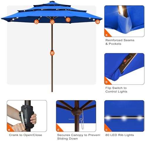 EliteShade USA 10-Year-Non-Fading 10ft 3-Tier Market Patio Umbrella, Commercial Table Umbrella with 80 Solar LED Lights, Crank Open, Windproof & UPF 50+ UV Protection for Garden, Deck, Pool, Backyard, No Tilt, Royal Blue - Image 5