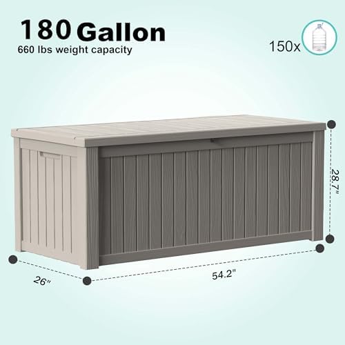 PatioZen 180 Gallon Deck Box,Resin Outdoor Storage Box with Lockable for Patio Furniture, Pool Accessories, Garden Tools Waterproof Outside Storage Box (Grey) - Image 2
