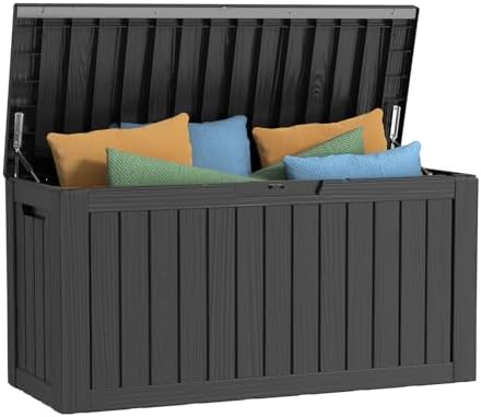 PatioZen 80 Gallon Outdoor Deck Box,Waterproof Resin Outdoor Storage Boxes, Outside Storage Lockable Container for Garden Tools,Indooor Cushions,Accessories (Black) by OutdoorLivingPerfected