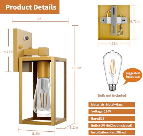 2 Pack Gold Dusk to Dawn Outdoor Front Porch Light Fixtures Wall Mount, Sensor Exterior Lantern Lamp, Outside Lights for House, Waterproof Wall Sconce, Anti Rust Coach Light for Garage Entryway - Image 6