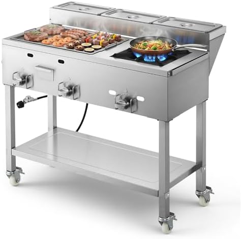 VEVOR Outdoor Propane Griddle, 3 Burners (11,600 BTU Each), Commercial Stainless Steel Griddle with Three 1/3 Size Food Pans, Portable Cart with Wheels & Gas Stove, for Hot Dogs, Burgers & Meats by VEVOR