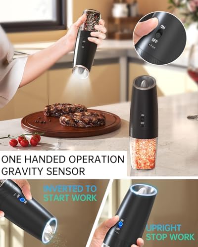 CIRCLE JOY Rechargeable Salt and Pepper Grinder Set Gravity Electric Salt and Pepper Grinder Set, LED Light, Adjustable Coarseness, for Home Kitchen BBQ, Black & White - Image 4
