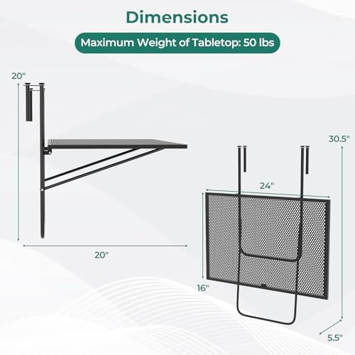Tangkula 24" Folding Balcony Railing Table for 2.4" Thick - Image 3
