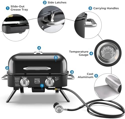 Kenmore Portable Propane Gas Grill - Tabletop BBQ Grill with Warming Rack, 2 Stainless Steel Burners with 14,000 BTUs, for Outdoor Kitchen, Camping, Black - Image 5