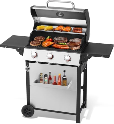 3 Burner Propane Gas Grill, Stainless Steel Cabinet with Side Table & Full-Size Grease Tray, BBQ Grills with Thermometer for Outdoor Cooking, Patio, BBQ by Unknown