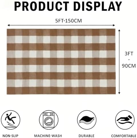 SEEKSEE Fall Decor Buffalo Plaid Outdoor Rug 3' x 5' Coffee and White Front Door Mat, Layering Rug for Porch, Fall Doormat, Front Porch Rug for Outdoor Entrance Entryway Patio Porch Decor - Image 2