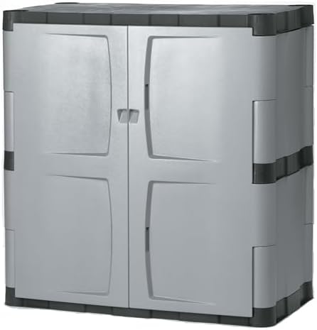 Rubbermaid Freestanding Storage Cabinet with Doors 18"D x 36"W x 37"H Medium Gray/Black Two-Shelf Lockable Cabinet for Indoor/Outdoor/Garage Storage for Garden Tools/Lawn Care Accessories by Rubbermaid
