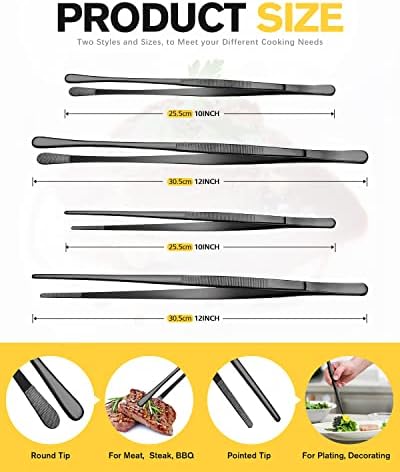 4 Pcs Fine Long Tweezer Tongs Professional Black, 12'' and 10'' Stainless Steel for Kitchen, Food, Cooking, Repairing, Sea food and BBQ - Image 4