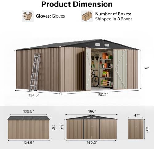 Patiowell 14x12 FT Outdoor Storage Shed, Large Metal Sheds, Brown - Image 2