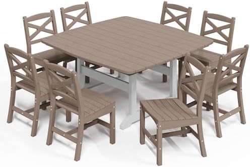 Outdoor Dining Set, HDPE 9-Piece Patio Table and Chairs Set, All-Weather Outdoor Dining Table Set for 8 with Umbrella Hole, Durable Patio Furniture Set with Chairs,White Brown by Polyhouz
