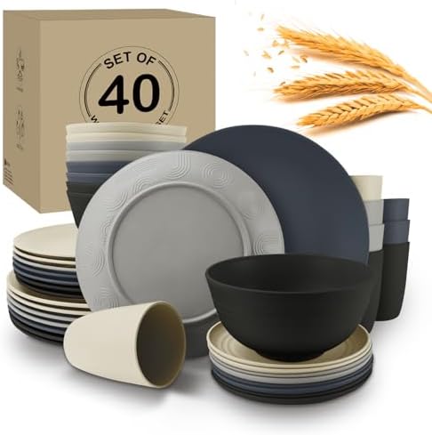 Wrova 40Pack plates and bowls sets for dinner - Unbreakable wheat straw dinnerware sets service for 8 - Alternative plastic 40pcs dish sets for camping,picnic and R.V. - (Black & Grey) by WROVA