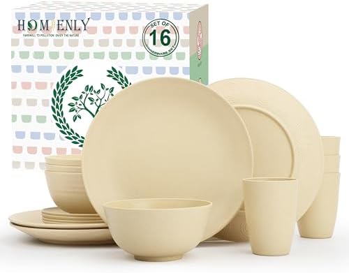 Homienly Premium Wheat Straw Dinnerware Sets, Lightweight & Unbreakable Plates and Bowls Sets,Cups,Service for 4,Dishwasher and Microwave Safe 16 PCS Dish Sets for Home，Camping- Beige by HOMIENLY