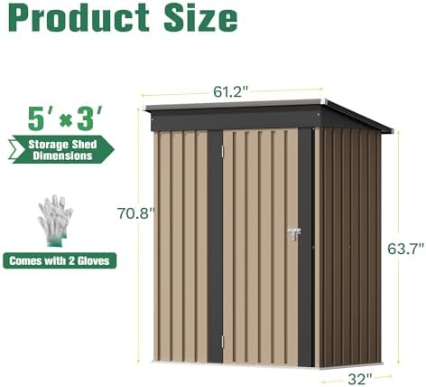 Flamaker 5x3 FT Storage Shed Waterproof Metal Garden Shed with Lockable Door Utility Tool Shed Outdoor Storage for Backyard, Patio and Lawn, Brown - Image 5