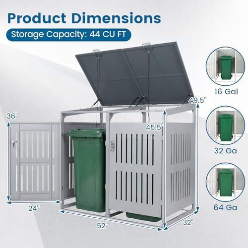 Goplus 44 Cu.Ft Outdoor Trash Can Storage, Garbage Can Hider Outdoor with 2 Lockable Doors Gas Struts & Shock Absorbers, Slant-roof Outdoor Storage for Patio, Backyards, Yard & Garden (52"x32"x49.5") - Image 2