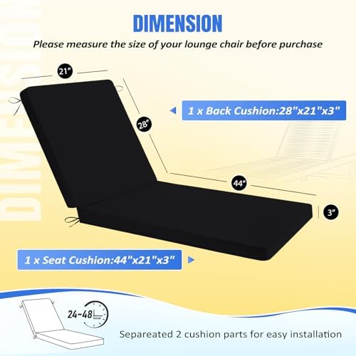 Basic Beyond Chaise Lounge Cushions Outdoor, 3-Layer Waterproof Outdoor Furniture Cushions with Removable Cover and 4 Ties, 72"x21"x3" Patio Lounge Chair Cushions for Outdoor Furniture, Black - Image 4