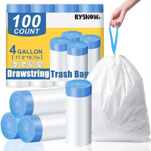 BYSNOW 4 Gallon 100 Counts Small Drawstring Trash Bags, Clear Garbage Bags by BYSNOW