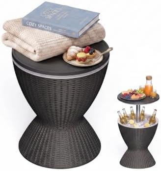EasyUp Outdoor Cooler Bar Table – 8 Gallon Outdoor Patio Cooler Table with Drain Plug, Adjustable Height Rattan-Style Resin Cool Bar for Poolside, Deck, BBQ & Parties Classic Black by EASYUP