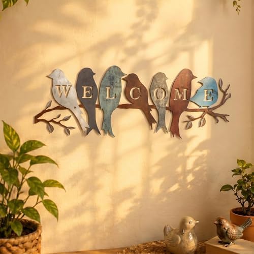 Peryiter Birds on Branch Welcome Sign Metal Wall Decor,Vintage Colors by Peryiter