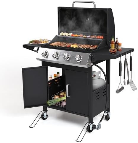HUGROVE 40,000 BTU Propane Gas Grill, 4 Burner Outdoor BBQ Grill by HUGROVE