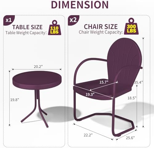 Outdoor 3-Piece Metal Bistro Set,Patio Conversation Set of 2,Purple - Image 2