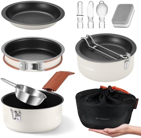Odoland 10pcs Camping Cookware Non-Stick Camping Pot and Pan Set with Plate Bowl Fork Knife Spoon for Backpacking, Hiking, Outdoor Cooking and Picnic by Odoland