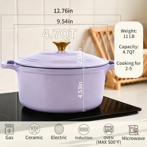Enameled Cast Iron Dutch Oven with Lid&Silicone Grip, Round Casserole Pot for Bread Baking, Braising, Roasting,Stews,Heavy-Duty Baking Pan,Oven Safe, Induction Compatible (4.7QT,Purple) - Image 2