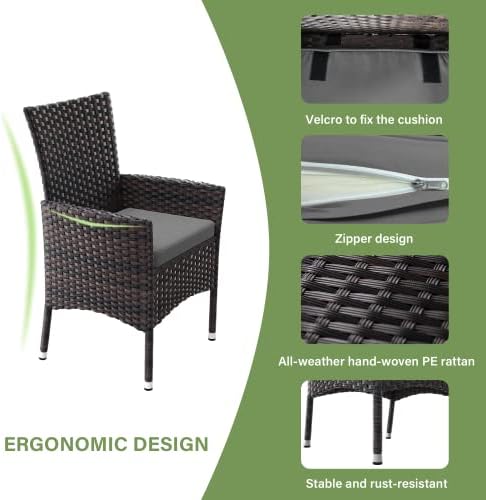 ALAULM 5 Piece Patio Dining Set All-Weather Wicker Outdoor Furniture Set w/Tempered Glass Tabletop, Removable Cushions and Umbrella Hole for Patio, Backyard, Garden, Poolside（Grey） - Image 4