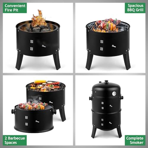 Outvita Vertical 17 Inch Charcoal BBQ Smoker, 3-in-1 Portable Grill Cooker - Image 3
