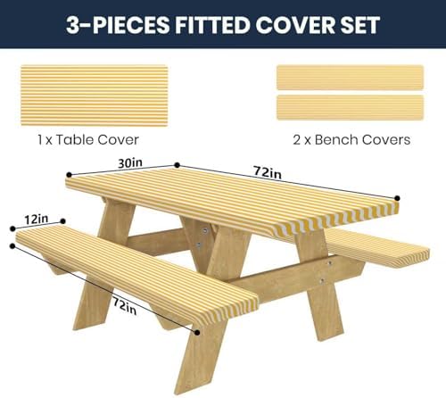 CAPSCEOLL Fitted Picnic Table Cover with Bench Covers 6ft - Yellow White - Image 2