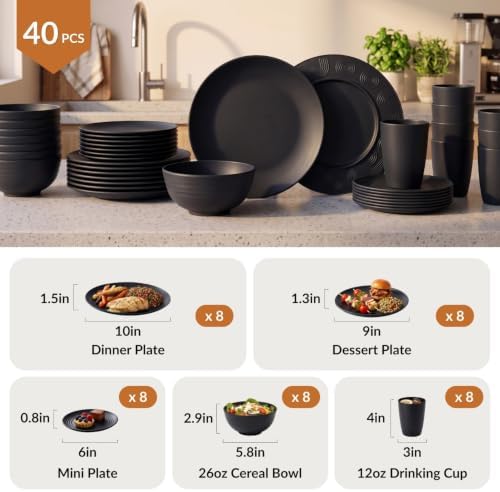 Homienly Wheat Straw Dinnerware Set,40-Piece Dish Set for 8, Dinner Plates, Dessert Plate, Cereal Bowls, Cups, Appetizer Plates,Reusable Dinner Plates Kids Plates and Bowls Sets,Black - Image 2