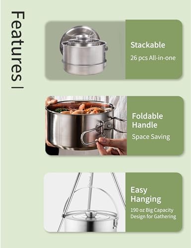 CompactKit Camping Cookware Set Stainless Steel Pots and Pan with Detachable Handle and Oxford Cloth Bag, for 4-8 Mess Kit with Utensils for Camp Kitchen, Picnic, BBQ, Traveling, Emergency - Image 5