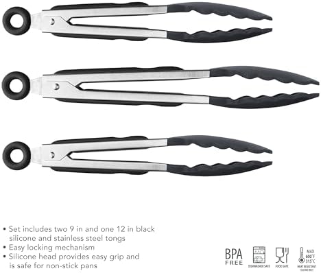 Tovolo Stainless Steel Tongs with Silicone Tips 9” 9” 12 Inch Black Heat Resistant Kitchen Tongs for Cooking Grilling Air Fryer, Stainless Steel Dishwasher Safe Metal Tongs BPA Free Set of 3 - Image 2
