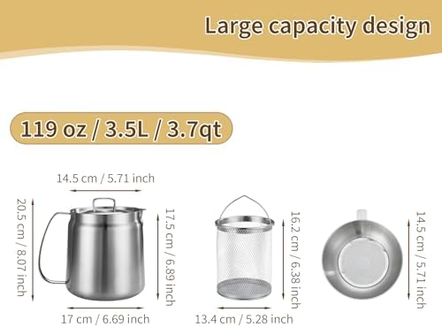 119oz 304 Stainless Steel Deep Fryer Pot with Basket & Strainer, Large Capacity Bacon Grease Container for Kitchen,Frying, Cooking, Camping,Oil Filter Container - Dishwasher Safe (119oz/3.5L/3.7Qt) - Image 4