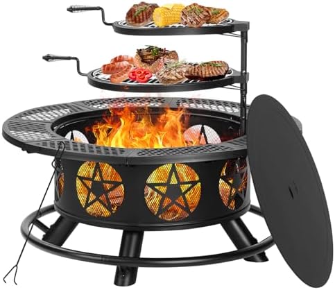 Outvue 42 Inch Outdoor Fire Pits with 2 Grills, Lid & Poker by OutVue-EmbracetheGreatOutdoors
